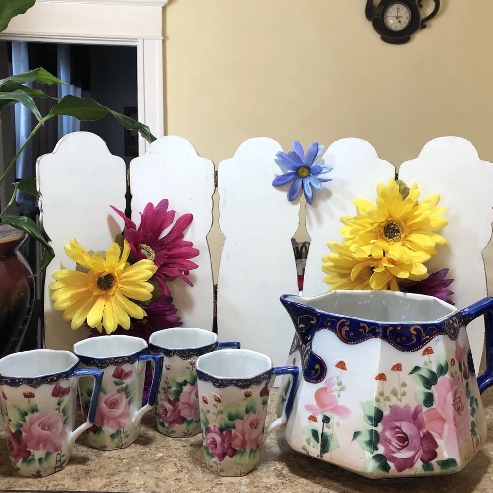 Antique TE-OH Nippon (Japan) Hand Painted China Lemonade Pitcher w/4 Glasses